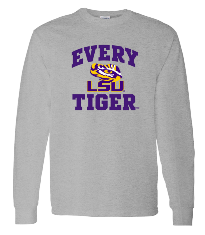 Gray long-sleeve shirt with purple text “EVERY LSU TIGER” and a tiger logo