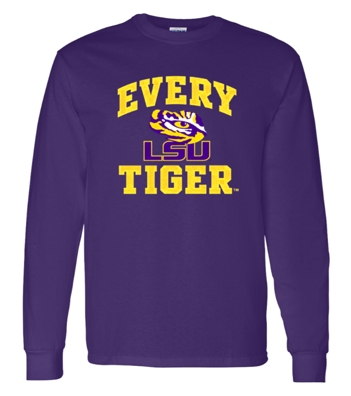 Purple LSU Tigers long-sleeve shirt with yellow “EVERY TIGER” text and LSU logo