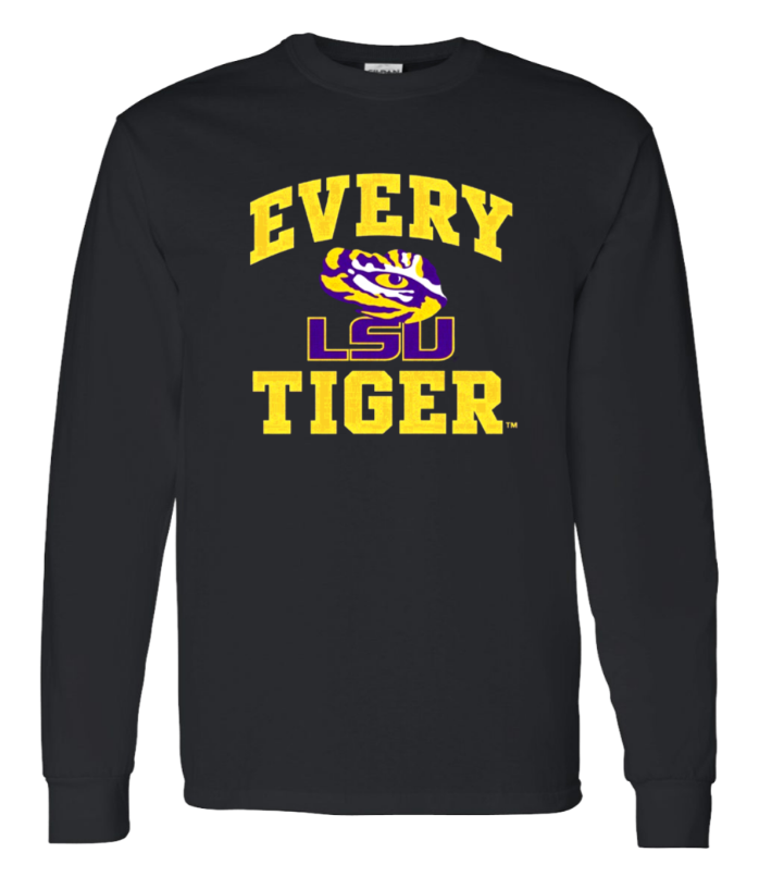 Black LSU long-sleeve shirt with gold and purple “EVERY LSU TIGER” text and tiger logo