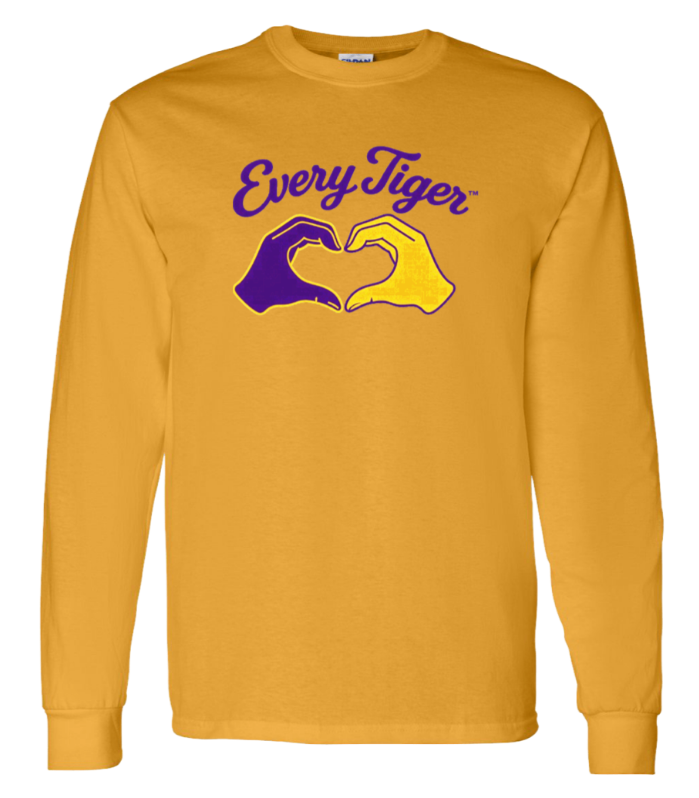 Gold long-sleeve shirt with purple “EveryTiger” text and two hands forming a heart in yellow and purple