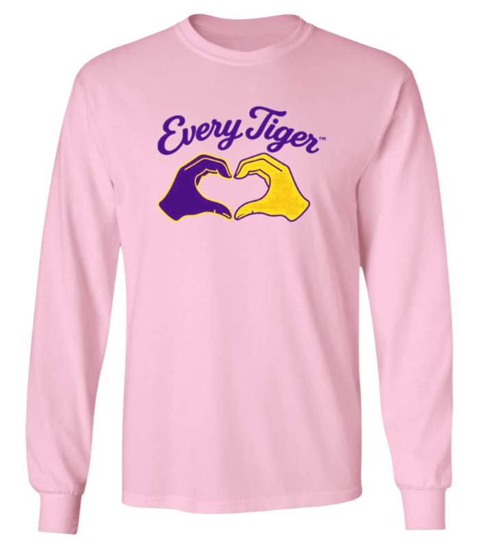 Light pink long-sleeve shirt with “Every Tiger” text and two hands forming a heart in purple and gold.