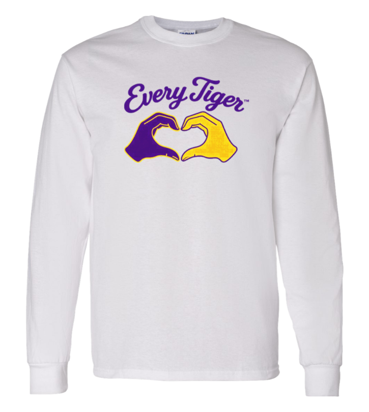 White long-sleeve shirt with purple “Every Tiger” text and two hands forming a heart in purple and yellow.