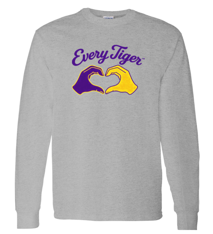 Gray long-sleeve shirt with purple "Every Tiger" text and two hands forming a heart in purple and gold