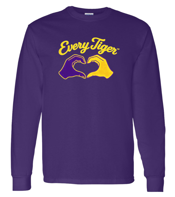 Purple long-sleeve shirt with “Every Tiger” text and two hands forming a heart in yellow and gold