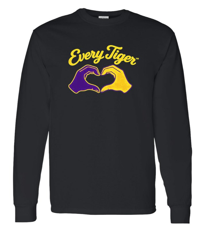 Black long-sleeve shirt with yellow “Every Tiger” text and purple-and-gold hand-heart graphic on the chest
