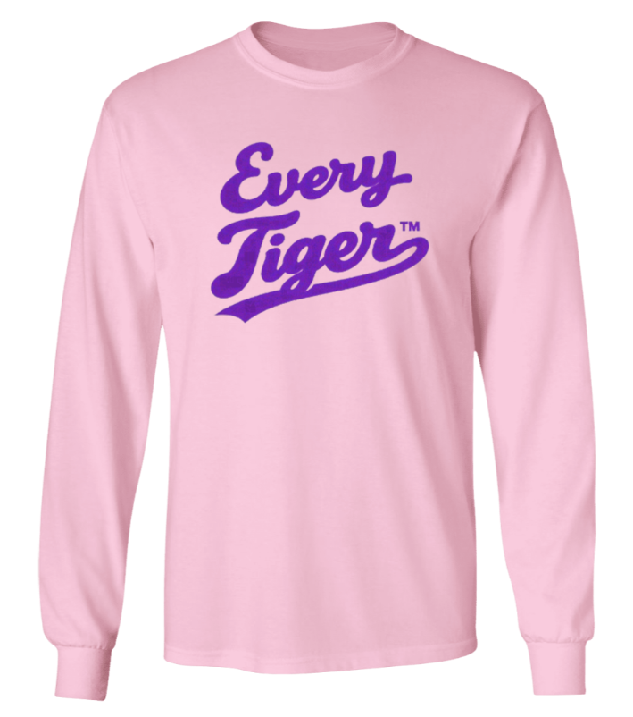 Light pink long-sleeve shirt with purple “Every Tiger” text on the chest