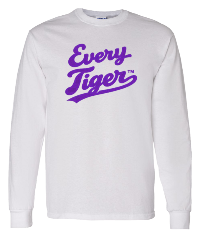 White long-sleeve shirt with purple "Every Tiger" text graphic on the chest