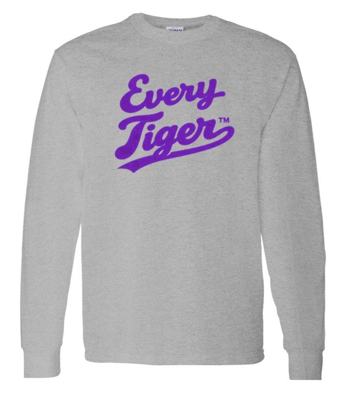 Gray long-sleeve shirt with purple “Every Tiger” text on the chest.