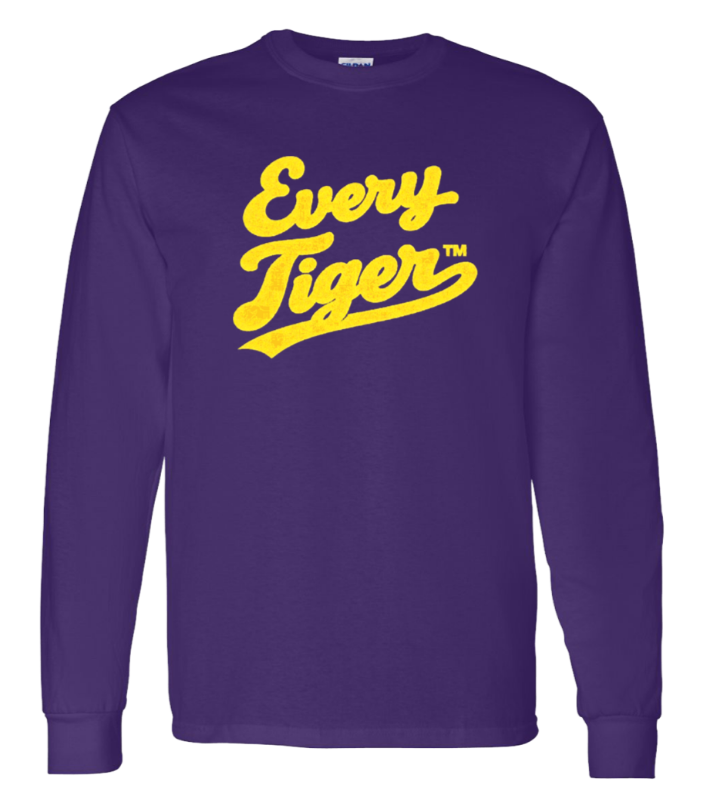 Purple long-sleeve shirt with yellow “Every Tigers” lettering on the chest