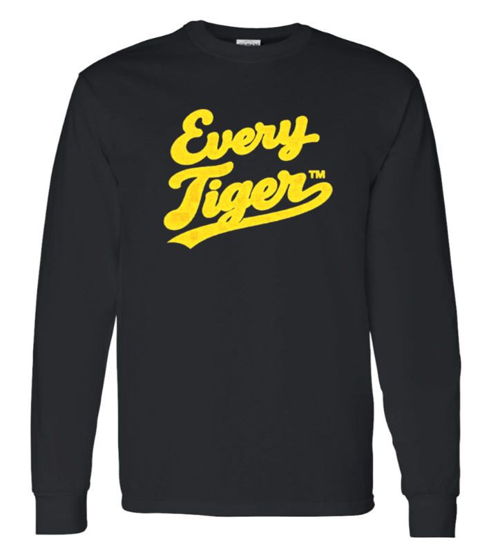 Black long-sleeve shirt with yellow “Every Tiger” text on the chest