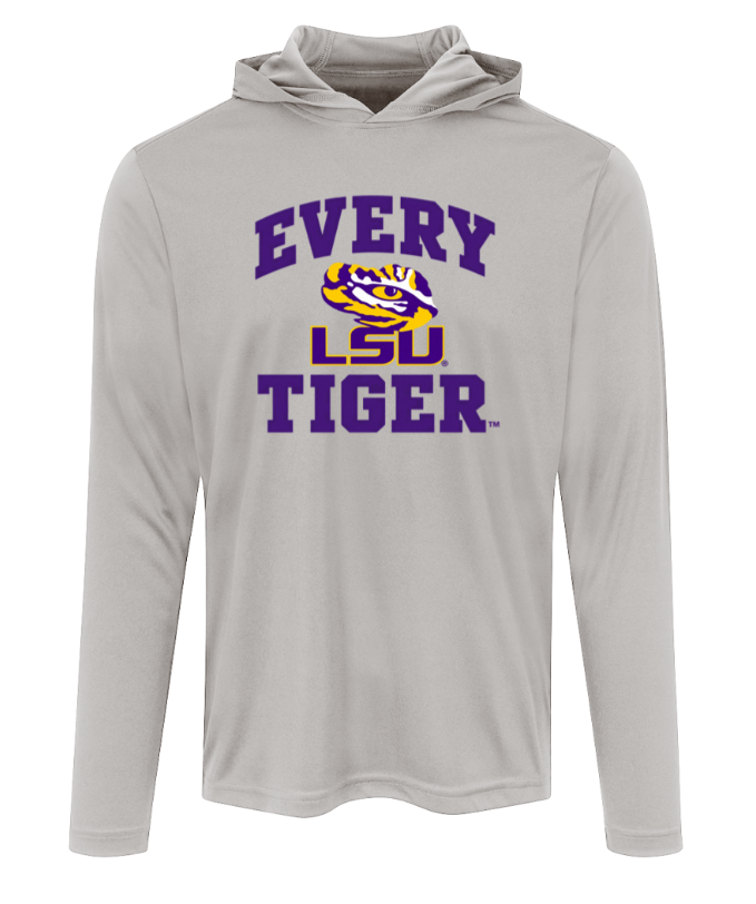 Gray long-sleeve hoodie with purple "Every LSU Tiger" text and LSU logo on the front.