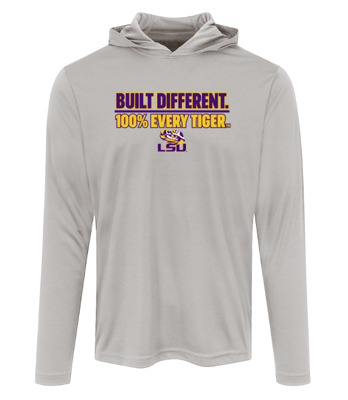 Gray long-sleeve hooded shirt with LSU logo and “Built Different. 100% Every Tiger.” text