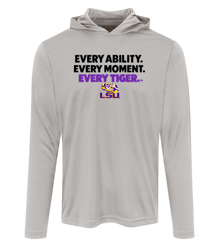 Light gray hooded long-sleeve shirt with LSU logo and slogan “Every ability. Every moment. Every Tiger.”