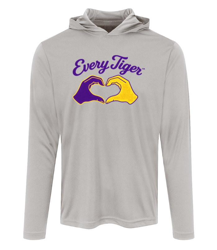 Gray long-sleeve hoodie with purple “Every Tiger” text and two tiger paws forming a heart in yellow and purple.