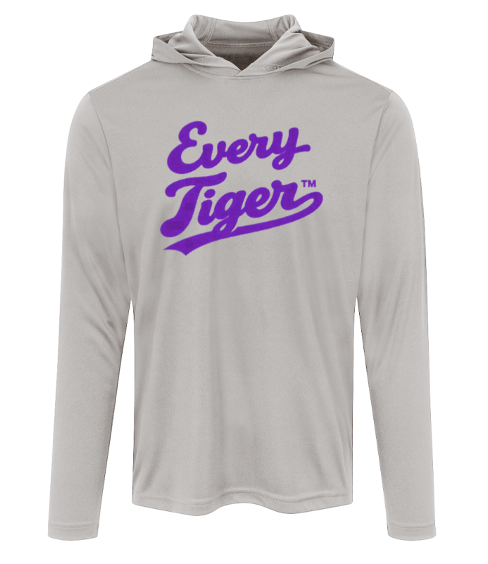 Light gray hooded sweatshirt with purple “Every Tigers” graphic on the front