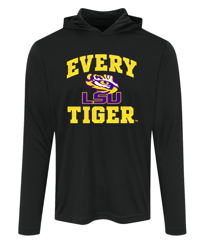 Black long-sleeve LSU Tigers hoodie with yellow and purple “EVERY LSU TIGER” text and tiger logo