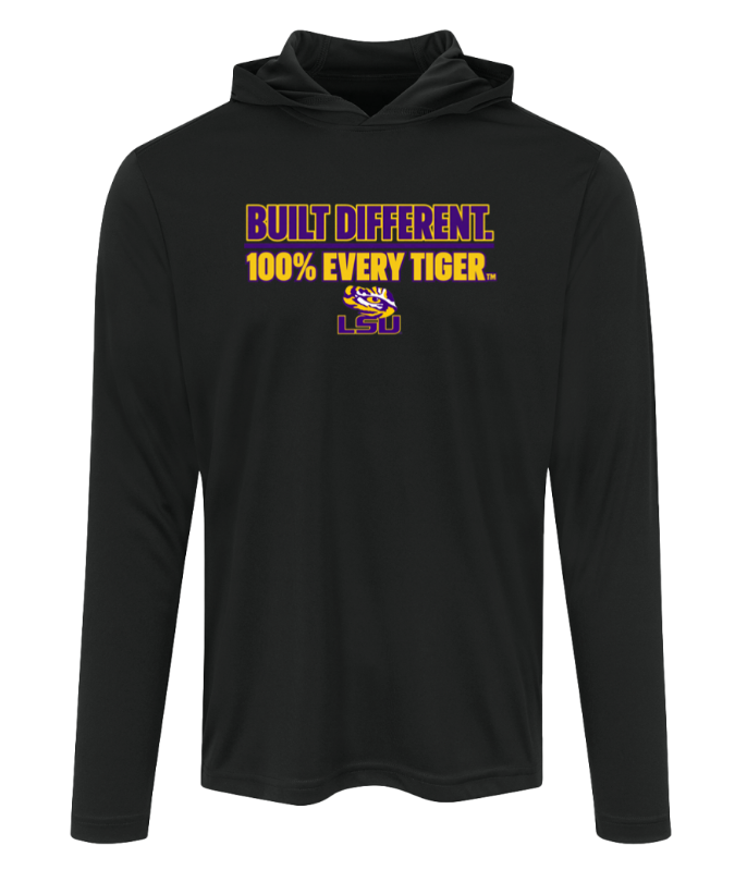 Black hoodie with “BUILD DIFFERENT. 100% EVERY TIGER.” text in purple and gold on the chest