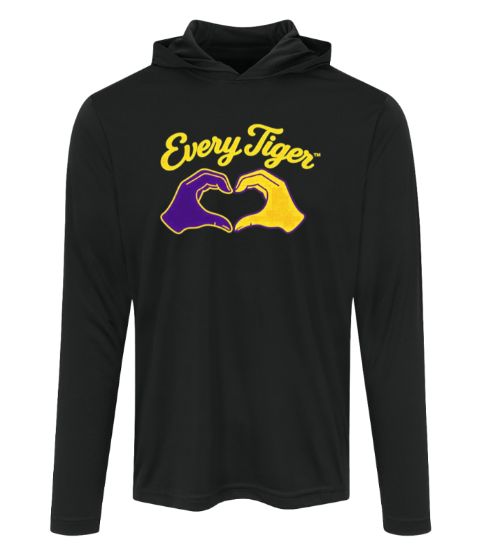 Black hoodie with "Every Tiger" text and purple-and-gold hand graphic on the chest
