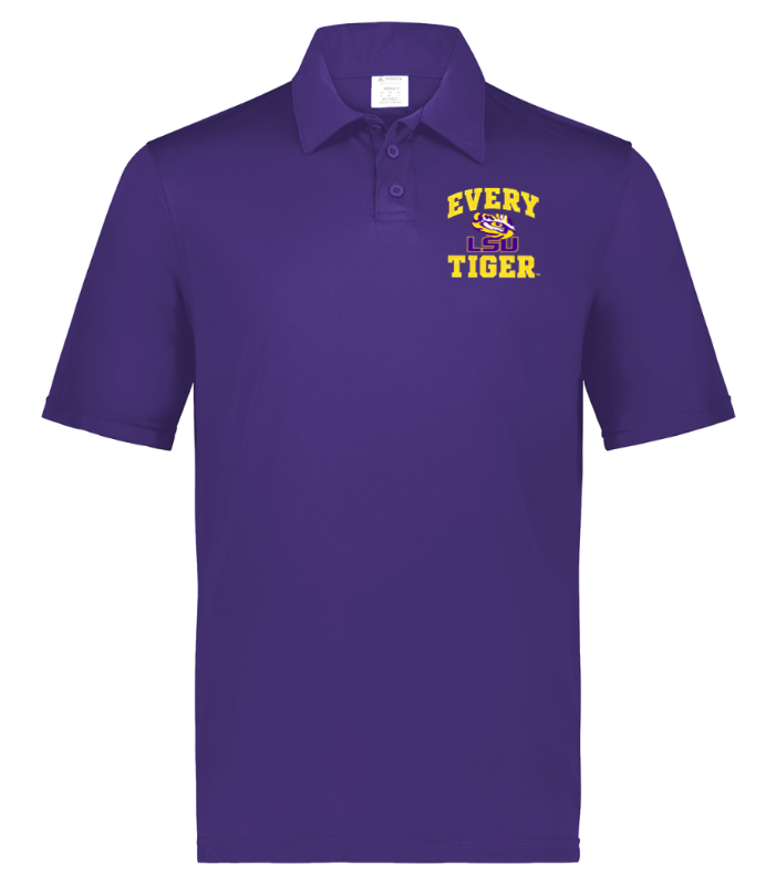 Purple polo shirt with yellow “Every Tiger” text on the chest.