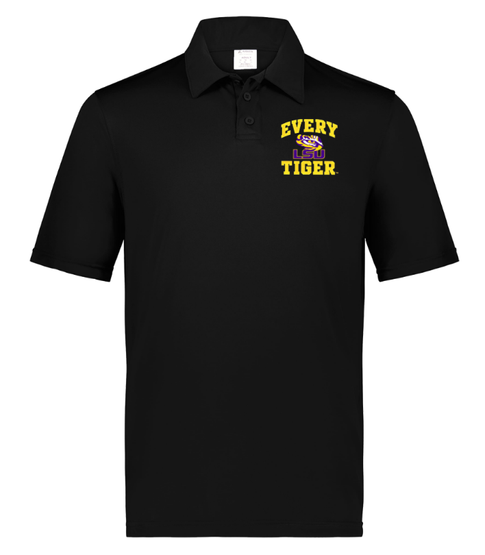 Black polo shirt with yellow "EVERY TIGER" text on the chest