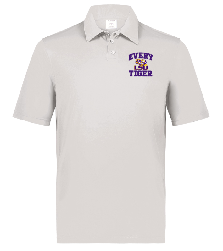 Light gray polo shirt with purple and yellow “Every LSU Tiger” logo on the chest