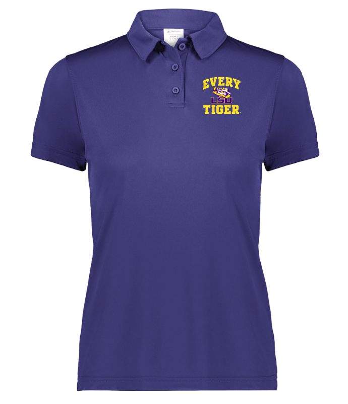 Purple polo shirt with yellow “EVERY TIGER” text on the chest