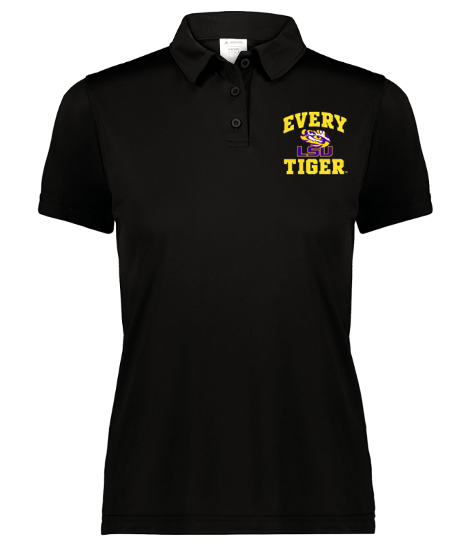 Black polo shirt with yellow “Every Tiger” logo on the chest