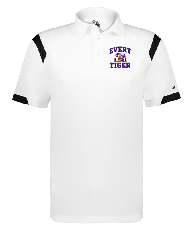 White polo shirt with black shoulder accents and “Every is Tiger” logo on the chest