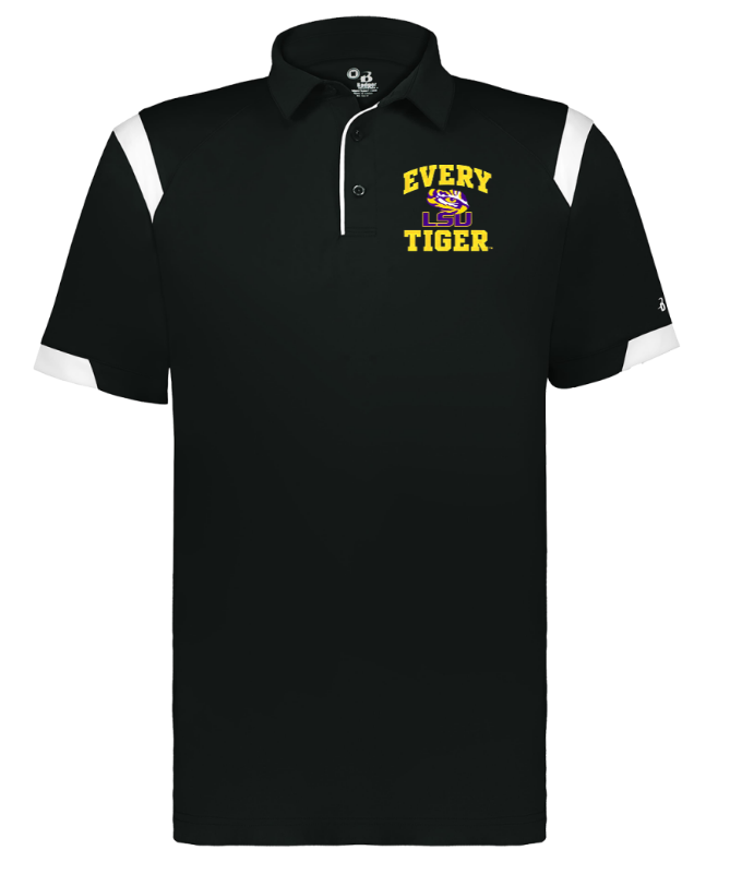 Black polo shirt with white shoulders and yellow “EVERY TIGER” text on the chest