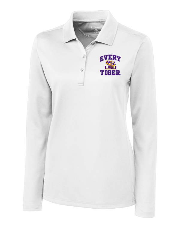 White long-sleeve polo shirt with purple and gold “Every Day a Tiger” chest logo
