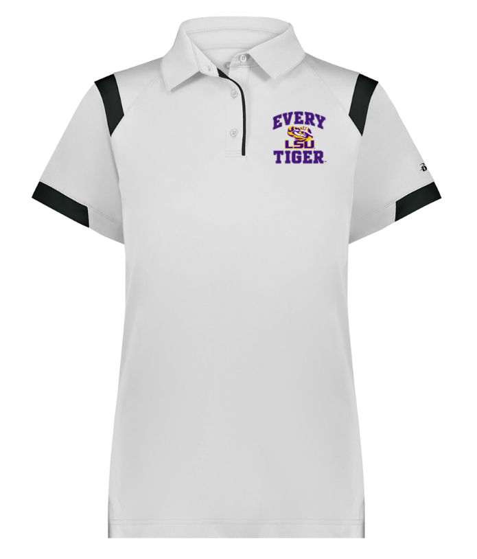 White polo shirt with black shoulder accents and purple-orange “Every Girl Tiger” logo on the chest