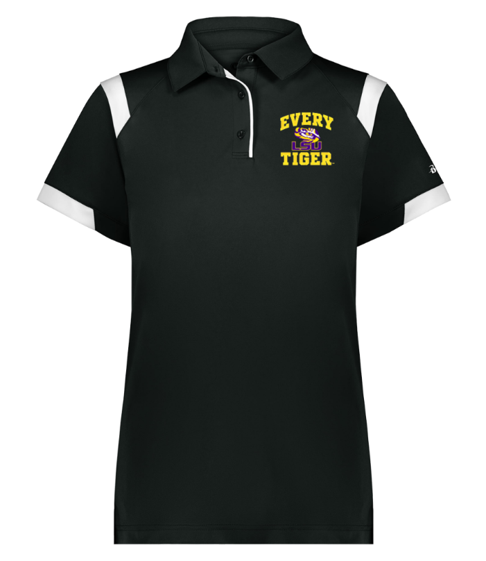 Black polo shirt with white sleeve panels and “EVERY TIGER” printed on the chest.