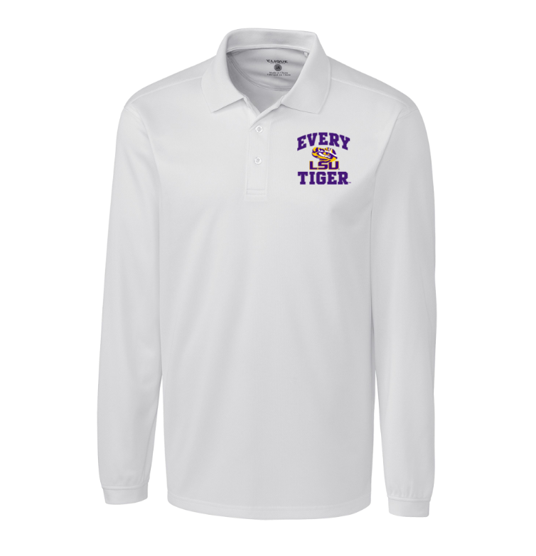 White long-sleeve polo shirt with a purple and gold “Every Day I’m a Tiger” logo on the chest