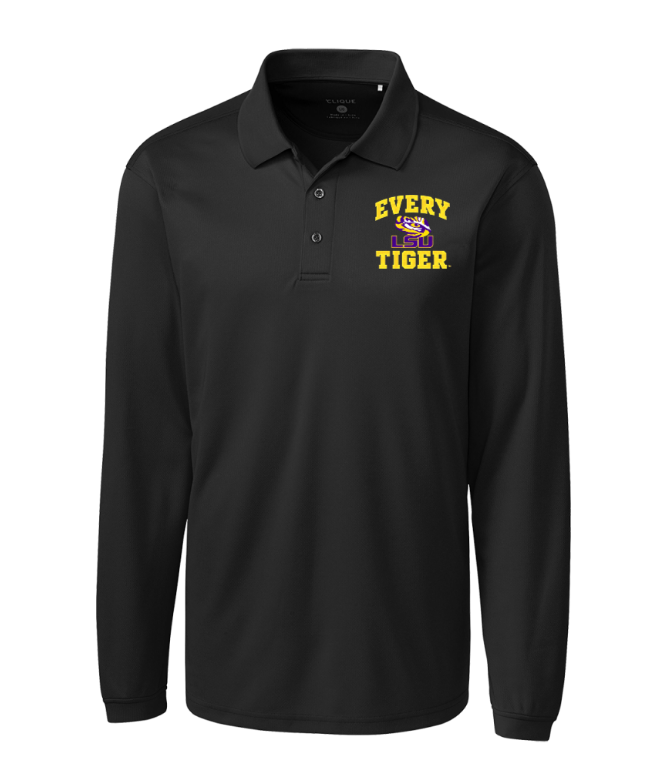 Black long-sleeve polo shirt with yellow “EVERY TIGER” text on the chest