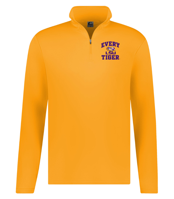 Orange quarter-zip pullover with purple “EVERY CHILD A TIGER” logo on the chest