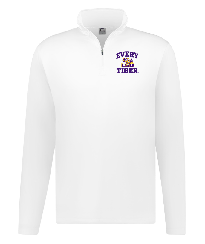 White quarter-zip pullover with purple “Every Tiger” logo on the left chest
