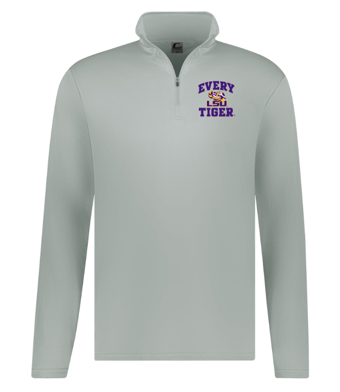 Light gray quarter-zip pullover with purple “EVERY TIGER” logo on the chest