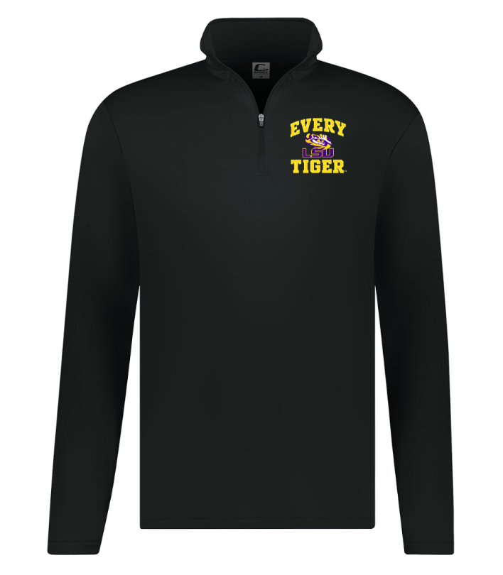 Black quarter-zip pullover with yellow and purple “EVERY LION IS A TIGER” text on the chest