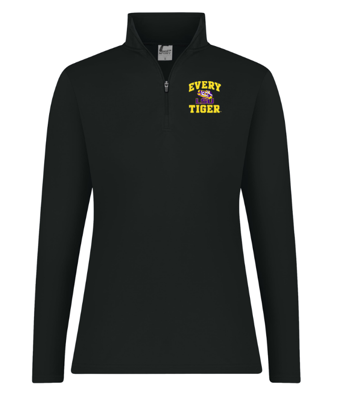 Black long-sleeve zip-collar pullover with yellow “EVERY TIGER” text on the chest