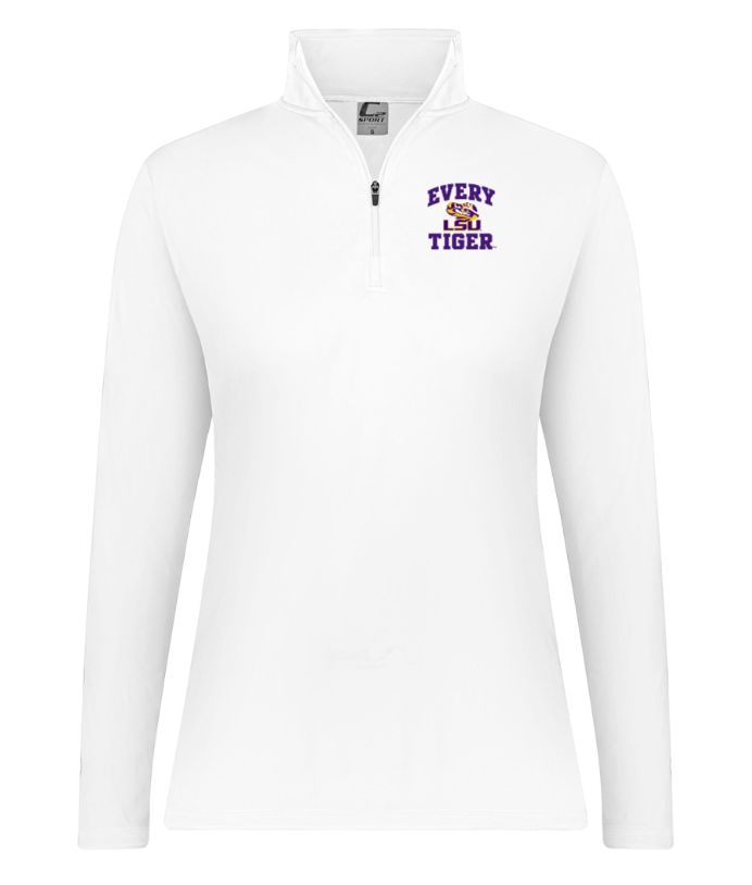 White long-sleeve quarter-zip pullover with purple “Every Tiger” logo on the left chest