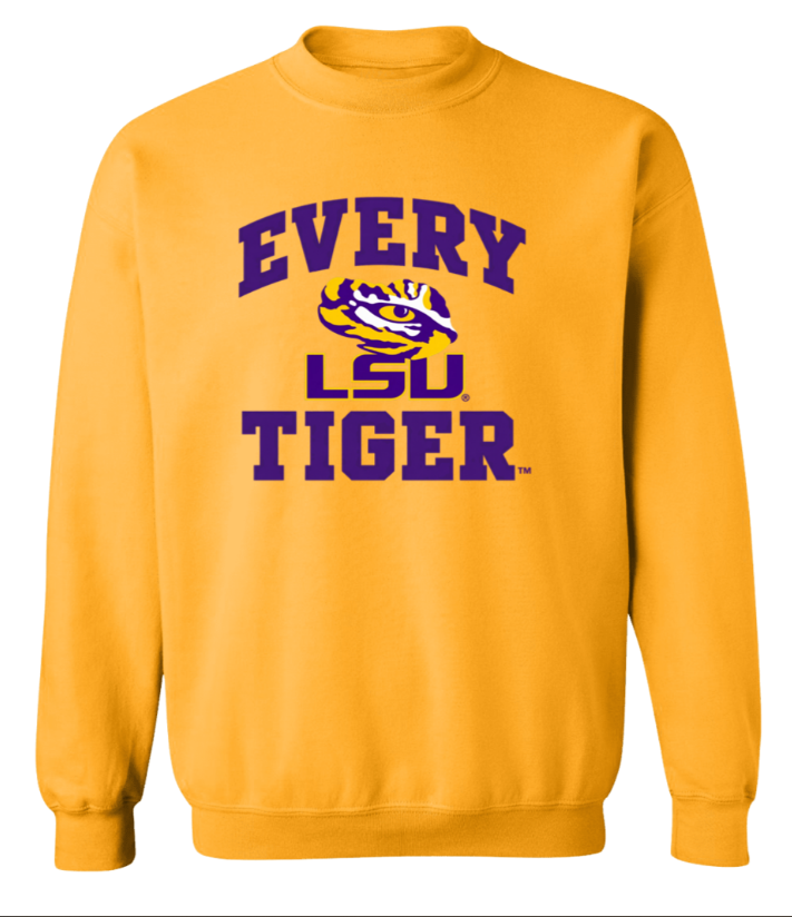 Gold LSU Tigers sweatshirt with purple text reading “EVERY LSU TIGER”