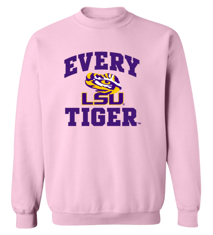 Pink sweatshirt with purple “Every LSU Tiger” text and LSU tiger logo on the chest
