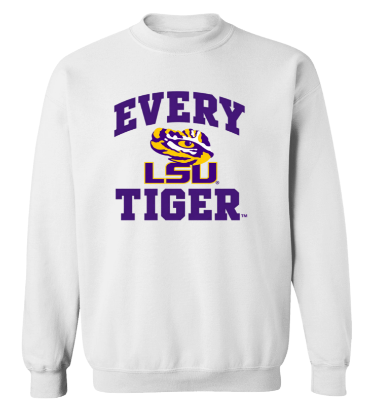 White sweatshirt with purple and gold “Every LSU Tiger” text and tiger logo on the front