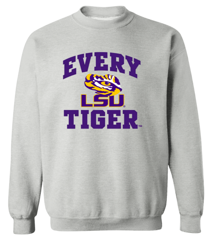 Gray LSU Tigers sweatshirt with purple text and tiger logo reading “EVERY LSU TIGER.”