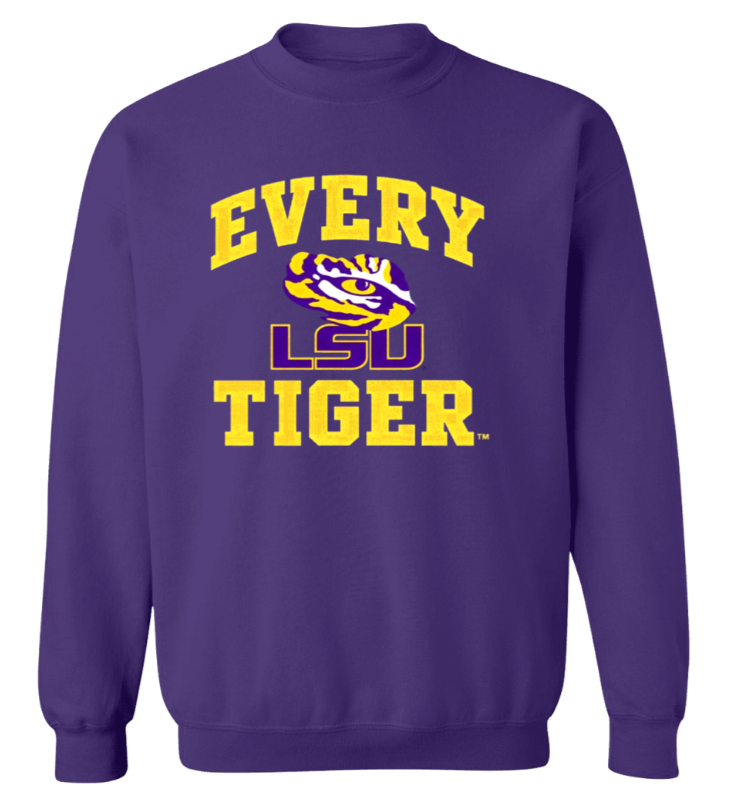 Purple LSU sweatshirt with “EVERY LSU TIGER” in yellow and LSU logo on the front