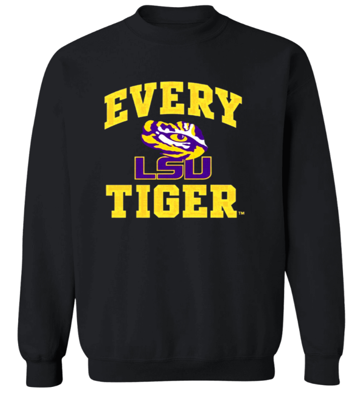 Black LSU sweatshirt with yellow “EVERY LSU TIGER” text and purple tiger logo.