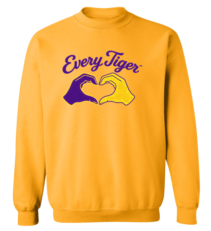 Orange sweatshirt with “Every Tiger” text and two purple and yellow hands forming a heart