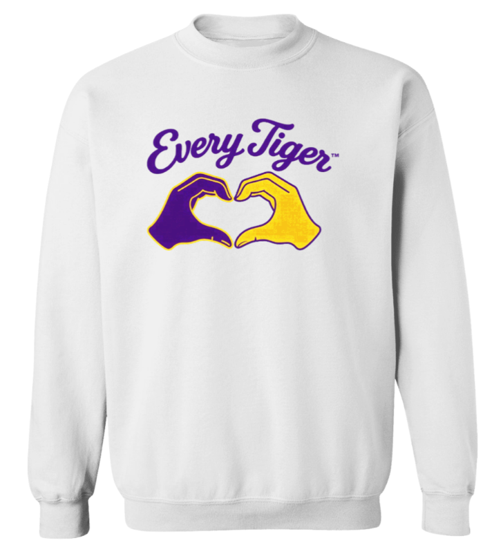 White sweatshirt with “Every Tiger” text and two hands forming a heart in purple and gold.