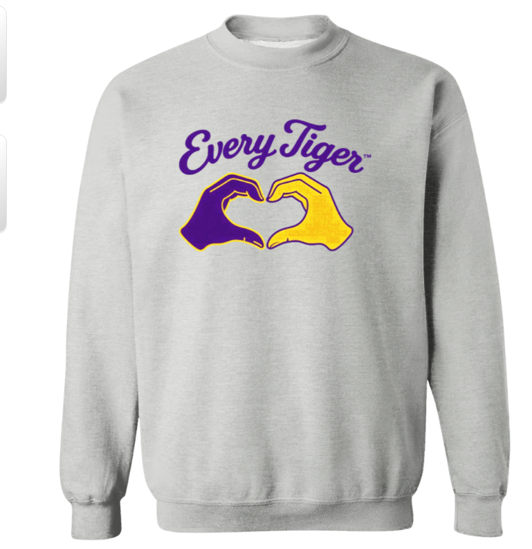 Gray sweatshirt with purple and gold “Every Tiger” text and tiger paw graphic