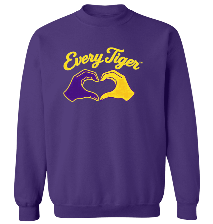 Purple sweatshirt with yellow “Every Tiger” text and two outlined hands forming a heart